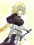  1girl akashiro_sen armor armored_dress blonde_hair braid capelet commentary_request fate/apocrypha fate_(series) faulds gauntlets headpiece long_hair looking_at_viewer ruler_(fate/apocrypha) single_braid smile solo sword type-moon violet_eyes weapon 