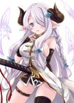  1girl ass_visible_through_thighs asymmetric_gloves black_gloves blue_eyes blush braid breasts buckle butterfly butterfly_hair_ornament demon_horns elbow_gloves finger_to_mouth fingerless_gloves gloves gradient_eyes granblue_fantasy hair_ornament hair_over_one_eye hairclip horns katana large_breasts lavender_hair long_hair looking_at_viewer multicolored_eyes narumeia_(granblue_fantasy) pointy_ears sideboob single_thighhigh sleeveless solo sword takase_kanan tassel thigh-highs thigh_strap very_long_hair weapon white_background 