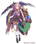  1girl backpack bag blue_eyes blue_hair dual_wielding elbow_gloves fusion gloves long_hair mataichi_matarou multi_sander_(ole_tower) multicolored_hair ole_tower pink_hair scythe shield simple_background solo thigh-highs two-tone_hair 