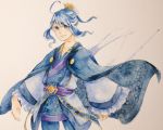  1boy blue_eyes blue_hair floral_print haru_(pisces0619) headwear highres japanese_clothes kairi_(murasaki) murasaki_(game) solo traditional_media 