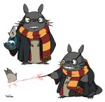  artist_name character_request glasses harry_james_potter_(cosplay) harry_potter hogwarts_uniform no_humans scar scarf smile tagme tonari_no_totoro totoro wand whiskers yoshitura 