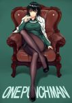  1girl armchair bangs black_hair black_legwear black_shoes chair chin_rest copyright_name dress easy_chair felix_(felix901123) fubuki_(onepunch_man) green_background green_dress green_eyes high_heels jacket_on_shoulders jewelry long_sleeves looking_at_viewer necklace onepunch_man pantyhose shoes short_hair sitting smile solo 
