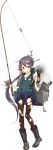  1girl akebono_(kantai_collection) anchor black_boots boots can crab damaged drew_(drew213g) fishing_gear fishing_hook fishing_line fishing_rod hair_ornament kantai_collection long_hair official_art pantyhose ponytail rubber_boots solo torn_clothes torn_pantyhose very_long_hair vest 