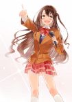  1girl blazer brown_eyes brown_hair highres idolmaster idolmaster_cinderella_girls kitchenset long_hair microphone school_uniform shimamura_uzuki side_ponytail simple_background solo tears white_background 