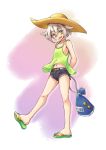  1boy arms_behind_back bag belt casual flip-flops green_eyes hair_flaps hat hotarumaru male_focus midriff navel open_mouth rasa sandals short_hair short_shorts shorts silver_hair smile solo sun_hat tank_top touken_ranbu 