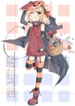  1girl 2015 alternate_costume arm_up basket black_gloves blonde_hair blush boots candy cape choker dress elbow_gloves full_body garter_straps gloves hair_ornament hair_ribbon halloween halloween_costume lollipop looking_at_viewer mask multicolored_legwear one_eye_closed red_eyes red_gloves ribbon rumia short_hair sleeveless smile solo striped striped_legwear su-suke sweets thigh-highs tongue tongue_out touhou zettai_ryouiki 