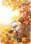  1girl acorn autumn autumn_leaves book boots braid brown_hair camera computer cross-laced_footwear lace-up_boots laptop long_hair original photo shorts sitting smile solo squirrel sweater tree violet_eyes zenyu 