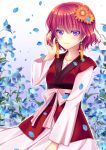  1girl akatsuki_no_yona dress earrings flower gradient gradient_background highres jewelry looking_at_viewer redhead ribbon short_hair smile solo violet_eyes yona_(akatsuki_no_yona) 