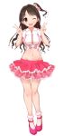  1girl ;d brown_eyes brown_hair choco_flex double_v drill_hair frilled_skirt frills groin hair_ornament highres idolmaster idolmaster_cinderella_girls long_hair looking_at_viewer midriff navel one_eye_closed one_side_up open_mouth pink_check_school pink_shoes pink_skirt shimamura_uzuki shoes skirt smile solo v white_background 