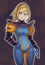  1girl blonde_hair green_eyes halloween highres long_hair metroid ponytail pumpkin samus_aran solo splashbrush zero_suit 