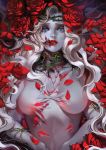  1girl blood blue_eyes eyelashes flower hair_flower hair_ornament highres hurt injury long_hair lsr petals red_lips red_rose rose scratches shadow signature solo tears thorns torn_clothes upper_body very_long_hair wavy_hair white_hair 