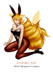  1girl animal_ears artist_name blonde_hair bow bunnysuit character_name detached_collar fishnet_pantyhose fishnets fox_ears fox_tail full_body hair_bow high_heels looking_to_the_side multiple_tails munhagsonyeon pantyhose rabbit_ears short_hair sitting smile solo tail touhou twitter_username white_background wrist_cuffs yakumo_ran yellow_eyes 
