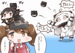  3girls ahoge bare_shoulders black_hair blush breasts brown_eyes brown_hair comic commentary_request dress gloves headgear horns kantai_collection long_hair magatama mittens multiple_girls nagato_(kantai_collection) northern_ocean_hime open_mouth pale_skin red_eyes ryuujou_(kantai_collection) shinkaisei-kan sleeveless sleeveless_dress tanaka_kusao translated twintails visor_cap white_dress white_hair white_skin 