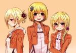  1boy 2girls annie_leonhardt armin_arlert artist_request blonde_hair blush breasts christa_renz hair_ornament long_hair looking_at_viewer lowres multiple_girls otoko_no_ko shi-bamaru shingeki_no_kyojin source_request tied_hair 