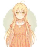  1girl ahoge arms_behind_back blonde_hair collarbone copyright_request dress floral_print long_hair mery_(apfl0515) orange_dress short_sleeves smile solo very_long_hair white_background yellow_eyes 
