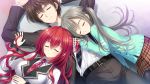  1boy 2girls belt black_legwear closed_eyes game_cg grey_hair inui_fumika kamio_ami long_hair lying multiple_girls norita on_back on_side pantyhose redhead semiramis_no_tenbin sleeping sleeping_on_person 