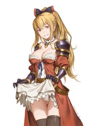  1girl bangs belt black_bow black_legwear blonde_hair bow breasts cancer_(zjcconan) cleavage collarbone dress dress_lift empty_eyes gauntlets granblue_fantasy grin hair_between_eyes hair_bow large_breasts long_hair looking_away looking_to_the_side panties ponytail purple_ribbon red_eyes ribbon shoulder_pads sidelocks smile solo thigh-highs underwear vila white_panties 