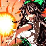  1girl arm_cannon bow breasts brown_hair hair_bow large_breasts long_hair red_eyes reiuji_utsuho smile solo touhou weapon 