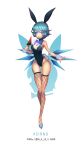  1girl animal_ears artist_name blue_eyes blue_hair bowtie bunny_tail bunnysuit character_name cirno detached_collar fishnet_legwear fishnets food fruit full_body gabi_(g_a__b_i) gem ice ice_wings looking_at_viewer rabbit_ears shoes short_hair solo sparkle tail thigh-highs tongue tongue_out touhou watermelon white_background wings wrist_cuffs 