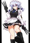  1girl :p apron armband black_gloves blue_eyes blush boots braid breasts from_below gloves harukatron highres izayoi_sakuya knives_between_fingers large_breasts legs maid_apron maid_headdress necktie silver_hair solo thigh_strap tongue tongue_out touhou tsurime twin_braids vest wide_hips 