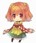  1girl apron bell book checkered chibi hair_bell hair_ornament japanese_clothes lowres motoori_kosuzu red_eyes redhead sen1986 short_hair smile solo touhou twintails wide_sleeves 