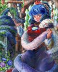  1girl blue_hair flower hairband harikona leaf leaf_on_head long_sleeves maple_leaf mirror oil_painting_(medium) onbashira ponytail puffy_sleeves red_eyes rope shimenawa shirt short_hair skirt smile snake touhou traditional_media vest yasaka_kanako 