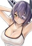  1girl arms_up bikini breasts cleavage eyepatch hair_ornament hairclip headgear kantai_collection large_breasts nannacy7 purple_hair short_hair simple_background sleeveless smile solo swimsuit tenryuu_(kantai_collection) upper_body white_background white_bikini white_swimsuit yellow_eyes 