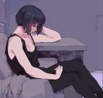  1girl black_hair black_pants black_shirt blue_eyes breasts couch from_side ghost_in_the_shell hand_on_own_head katsuoboshi kusanagi_motoko looking_away looking_down no_bra on_couch pants partially_colored purple shirt short_hair sitting sleeveless solo strap_gap table tank_top twitter_username 