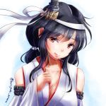  1girl bare_shoulders black_hair breasts cleavage colored_eyelashes detached_sleeves floral_print hair_ornament headband hoshiyuki_aruru kantai_collection large_breasts light_smile nontraditional_miko orange_eyes remodel_(kantai_collection) short_hair solo wide_sleeves yamashiro_(kantai_collection) 