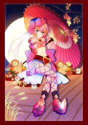  1girl armored_boots blue_eyes bow crossed_legs dango fishnet_pantyhose fishnets flower food full_moon furisode_(pixilvina) hair_bow heart heart-shaped_pupils highres looking_at_viewer madan_no_ou_to_vanadis midriff moon navel olga_tamm oriental_umbrella pantyhose pink_hair short_hair sitting smile solo susuki_grass symbol-shaped_pupils tsukimi umbrella wagashi 