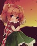  1girl bell book checkered hair_bell hair_ornament japanese_clothes motoori_kosuzu red_eyes redhead sen1986 short_hair solo sunset touhou twintails wide_sleeves 