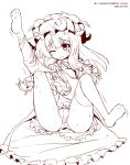  1girl betei changing_clothes crescent_hair_ornament hair_ornament hat long_hair mob_cap monochrome one_eye_closed panties patchouli_knowledge solo sweat thigh-highs touhou underwear undone 