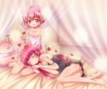  1boy 1girl barefoot bed blush braid camisole closed_eyes hand_on_another&#039;s_head heart houjou_sophie kuga_yoshito lap_pillow legs leona_west long_hair lying on_side pillow pripara red_eyes redhead short_hair sitting sleeping smile strap_slip zzz 
