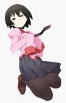  1girl black_eyes black_hair empty_eyes gedou_(ge_ge_gedou) monogatari_(series) necktie oshino_ougi owarimonogatari pantyhose school_uniform short_hair sleeves_past_wrists 