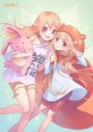  2girls :d animal_costume bangs blonde_hair blunt_bangs brown_eyes clothes_writing cosplay costume_switch crossover doma_umaru futaba_anzu hamster_costume himouto!_umaru-chan holding_hands hood idolmaster idolmaster_cinderella_girls interlocked_fingers karesuki long_hair looking_at_viewer multiple_girls off_shoulder open_mouth smile star starry_background stuffed_animal stuffed_bunny stuffed_toy t-shirt thigh_strap trait_connection twintails v you_work_you_lose 