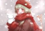  1girl alternate_costume coat frog_button green_eyes green_hair hat hoshibuchi kochiya_sanae long_sleeves looking_at_viewer open_mouth scarf smile snowing snowman solo touhou upper_body 