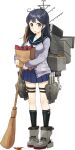  1girl bag black_hair breasts broom brown_eyes cardigan drew_(drew213g) kantai_collection official_art open_cardigan open_clothes paper_bag solo ushio_(kantai_collection) 