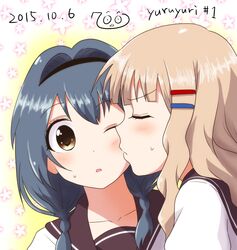  2girls 7001 blonde_hair blue_hair brown_eyes cheek_kiss closed_eyes collarbone copyright_name dated furutani_himawari hair_intakes hair_ornament hairband hairclip highres kiss multiple_girls one_eye_closed oomuro_sakurako school_uniform serafuku sweatdrop yuri yuru_yuri 