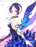  1girl bare_shoulders blue_hair breasts character_name collar dress feathers hair_feathers hayami_kanade idolmaster idolmaster_cinderella_girls looking_at_viewer nishimura_eri project_krone ribbon short_hair single_glove solo twitter_username wings yellow_eyes 