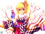  1girl blonde_hair blue_eyes edna_(tales) fur_trim furisode_(pixilvina) hair_ribbon hairband hakama highres japanese_clothes kanchuumimai kimono looking_at_viewer plum plum_blossoms purple_gloves ribbon short_hair side_ponytail smile solo tales_of_(series) tales_of_zestiria tress_ribbon 