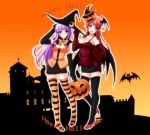  2girls alternate_hairstyle arm_up bat bat_wings black_gloves black_legwear blush breasts cleavage crescent elbow_gloves full_body glasses glasses_removed gloves gradient gradient_background hair_ornament hair_ribbon halloween halloween_costume happy_halloween hat head_wings high_heels jack-o&#039;-lantern koakuma looking_at_viewer miniskirt multicolored_legwear multiple_girls open_mouth orange_background patchouli_knowledge pointy_ears purple_hair red-framed_glasses red_eyes red_gloves redhead ribbon shirt skirt sleeveless smile striped striped_legwear thigh-highs touhou violet_eyes wings witch_hat yumi_(careca398) zettai_ryouiki 