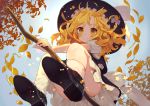  1girl autumn_leaves black_shoes blonde_hair blush bow braid broom broom_riding dress flying from_below hair_bow hat highres kirisame_marisa leaf looking_at_viewer looking_down messy_hair misoni_comi panties pantyshot riding shoes short_sleeves side_braid single_braid sky smile socks solo star striped striped_panties sunlight touhou underwear white_legwear wind witch_hat yellow_eyes 