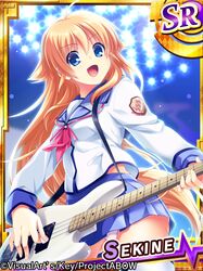  1girl :d angel_beats! blonde_hair card_(medium) character_name guitar instrument long_hair open_mouth panties pantyshot playing_instrument plectrum satomi_yoshitaka school_uniform sekine serafuku smile thigh-highs underwear 