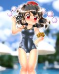  1girl black_hair blush breasts camera hand_on_hip hat red_eyes school_swimsuit shameimaru_aya shiny shiny_clothes shiny_skin smile swimsuit tokin_hat touhou winn 