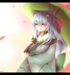  1girl ^_^ animal_ears blue_hair choker closed_eyes dress flower flower_umbrella green_nails hair_flower hair_ornament nail_polish personification petals pokemon shikkoku_neko smile solo umbrella venusaur 