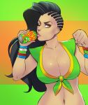  1girl ;) asymmetrical_hair black_hair blanka bracelet breasts brown_eyes cameo cleavage clenched_hand commentary cornrows crop_top dark_skin front-tie_top greenmarine highres jewelry large_breasts laura_matsuda lips long_hair midriff navel nose one_eye_closed smile solo street_fighter street_fighter_v wavy_hair 