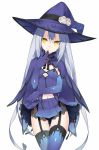  1girl cape cleavage_cutout dungeons_&amp;_princess elbow_gloves gloves hand_to_own_mouth hat long_hair miniskirt panties silver_hair skirt thigh-highs thigh_gap torimaru underwear very_long_hair witch_hat yellow_eyes 