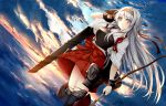  1girl blue_sky boots bow bow_(weapon) brown_eyes clouds cloudy_sky cowboy_shot dutch_angle eyes_visible_through_hair flight_deck hairband hakama_skirt hand_in_hair headband holding_weapon japanese_clothes kantai_collection long_hair looking_at_viewer miko morizono_shiki muneate outdoors pleated_skirt shoukaku_(kantai_collection) silver_hair skirt sky smile solo standing tasuki thigh-highs thigh_boots twilight upskirt weapon wind_lift yugake 