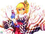  1girl blonde_hair blue_eyes edna_(tales) fur_trim furisode_(pixilvina) hair_ribbon hairband hakama highres japanese_clothes kanchuumimai kimono looking_at_viewer plum plum_blossoms purple_gloves ribbon short_hair side_ponytail smile solo tales_of_(series) tales_of_zestiria tress_ribbon 