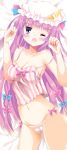  1girl bow camisole collarbone crescent_hair_ornament hair_ornament hat hat_bow highres long_hair lying mob_cap navel on_back one_eye_closed panties patchouli_knowledge purple_hair solo stigma1101 striped striped_panties touhou underwear violet_eyes yawning 